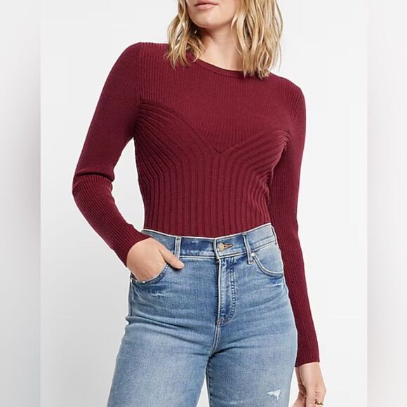 Express Ribbed Crew Neck Long Sleeve Sweater dark red wine size M - Picture 1 of 7